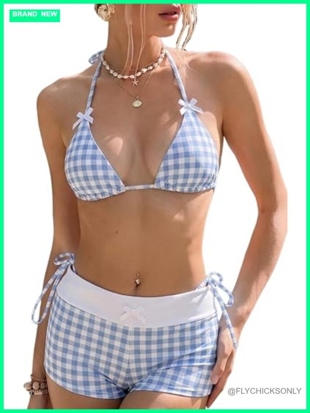 3 Piece Halter Triangle Bikini Set with Boyshorts Y2K Gingham